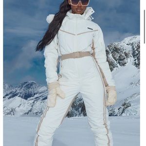 Ski Cream Faux Fur Hooded Belted Snow Suit
